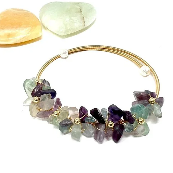 Fluorite Purple floral crystal chip bracelet bangle handmade stone accessories - Picture 5 of 6